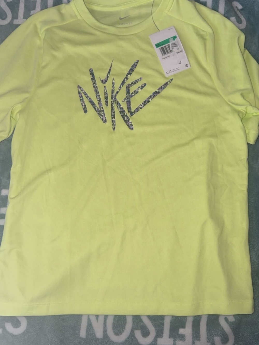 Nike Neon Yellow Graphic Short Sleeve Tee with Patterned Logo